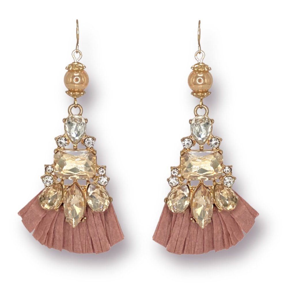 NEW Badgley Mishka Long Crystal Cluster Blush Pink Raffia Fan Statement Earrings